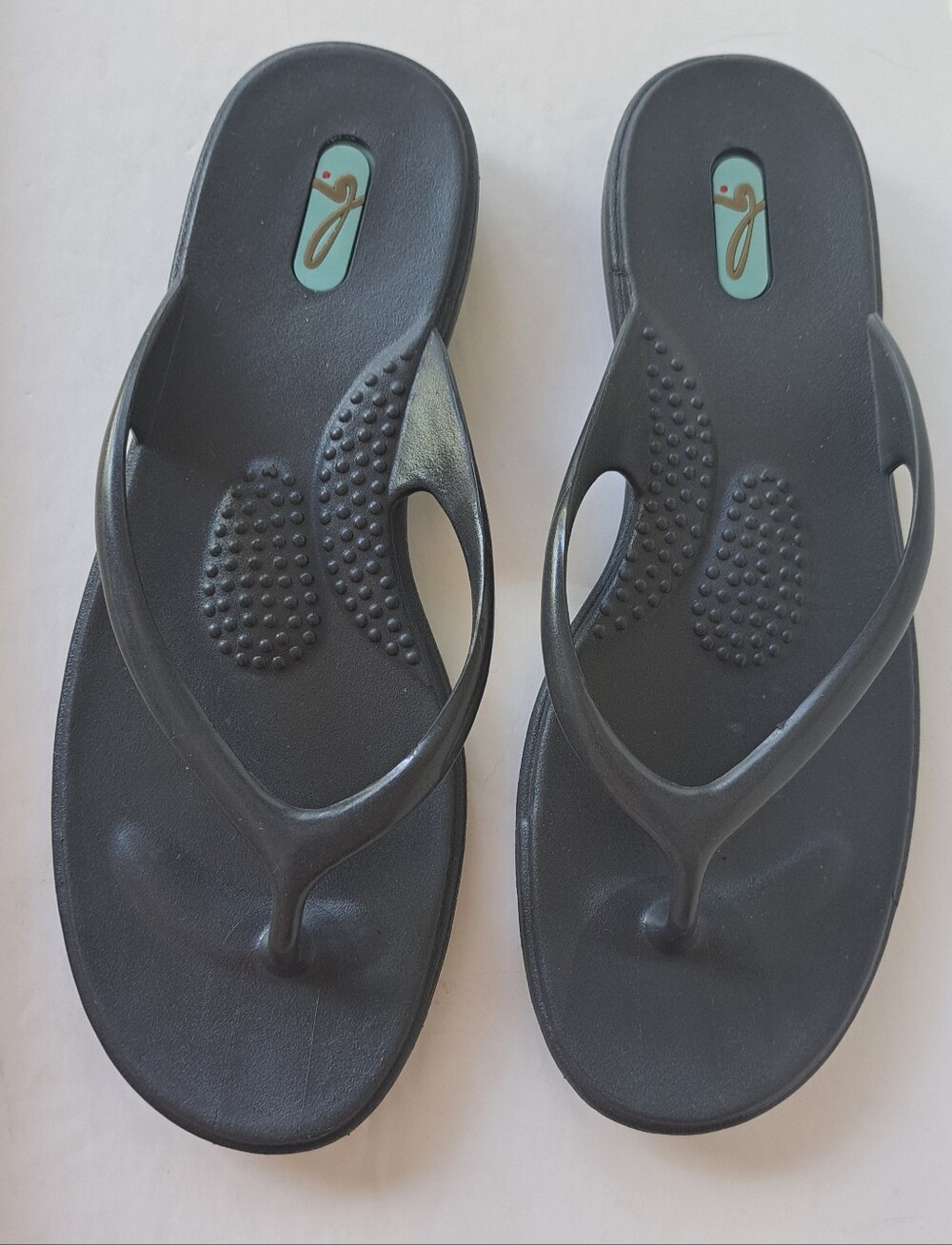 OKA b. Black Flip Flop Sandals with Teal Logo Detail